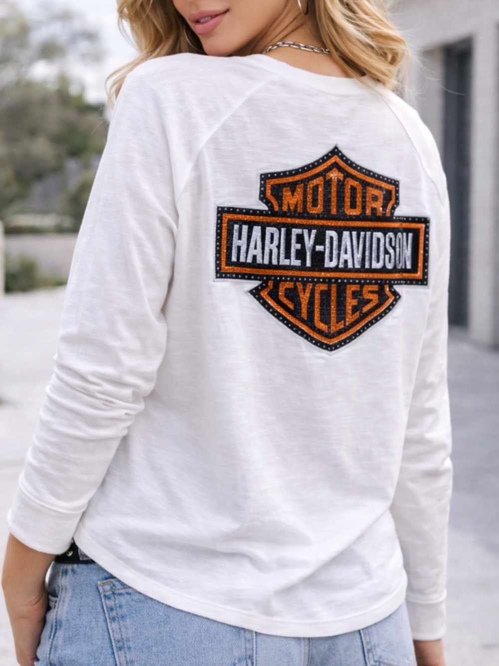 Harley Davidson Long Sleeve Top 1X White Rhinestone Logo Back Graphic NWT